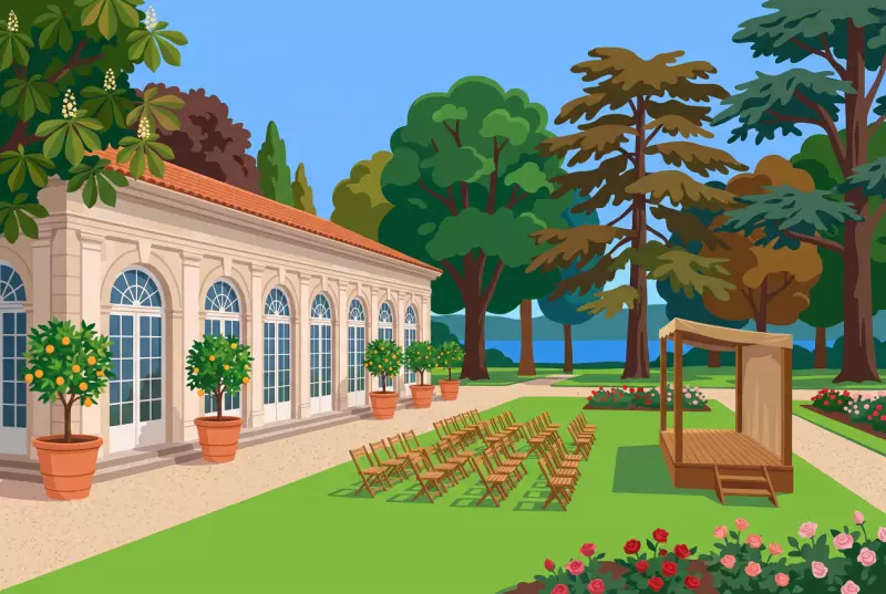 Illustration du Théâtre de l'Orangerie et de sa scène en plein air dans le parc La Grange à Genève