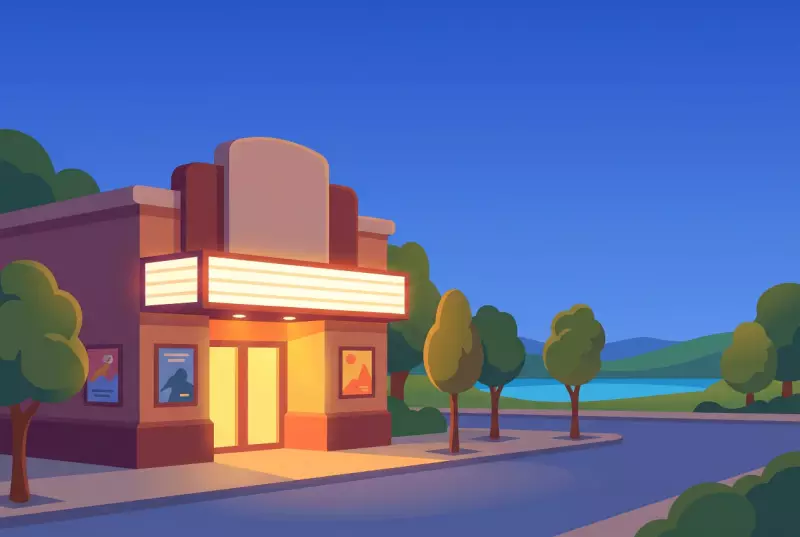Illustration du cinéma de quartier CityClub à Pully, enseigne lumineuse et affiches, lac et collines en arrière-plan au crépuscule