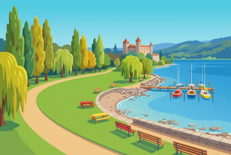 Illustration de la plage de La Merveilleuse à Grandson, sa pelouse au bord du lac de Neuchâtel et ses mini-plages de galets