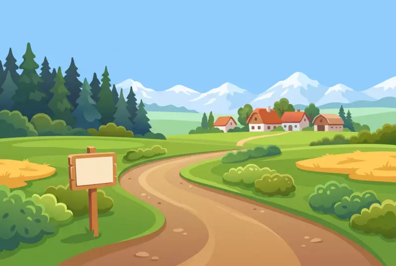 Illustration du sentier du 200e anniversaire de Savigny : chemin de campagne serpentant entre les prés, panneau en bois, hameau de fermes et Alpes enneigées à l'horizon