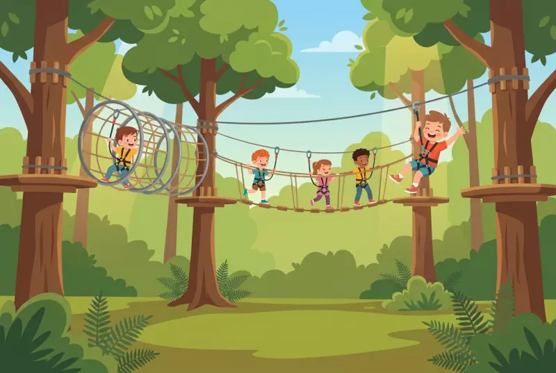 Illustration plate of Parc Aventure Genève in Onex: treetop adventure course in the forest with harnessed children climbing through a net and hoop tunnel, crossing a suspended monkey bridge, and zipping between the trees on a zip line.
