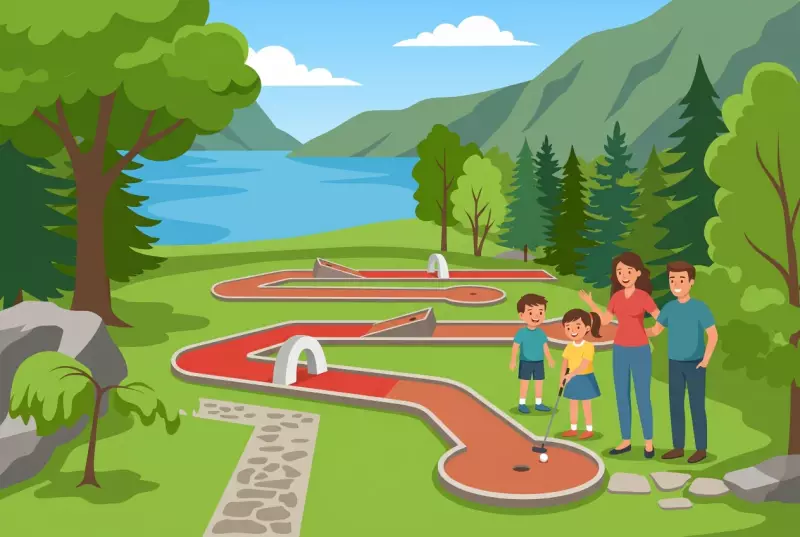 Illustration du minigolf de l'Ouchettaz à Villeneuve : parcours aux pistes rouges sinueuses sous les arbres, au bord du lac Léman avec les montagnes, une famille jouant au minigolf