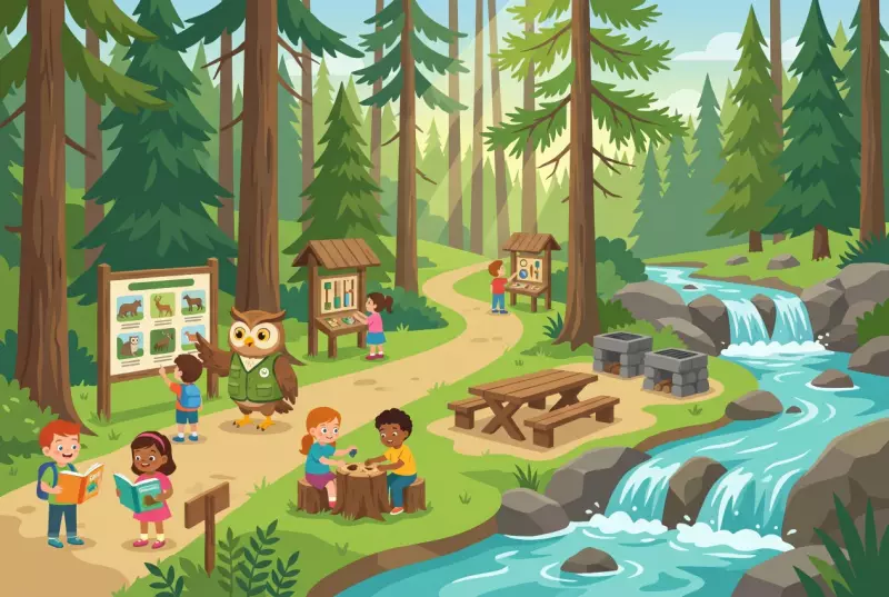 Illustration plate de sentier didactique de la foret a Grimentz, enfants aux stations en bois avec une chouette
