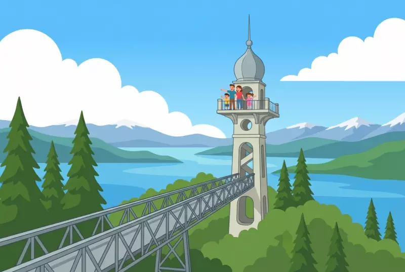Illustration de la tour panoramique de Chaumont sur les hauteurs de Neuchâtel : une famille admire depuis la plateforme la vue sur les Trois-Lacs et les Alpes, avec la rampe d'accès et les sapins.