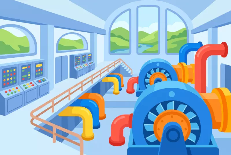 Illustration de la salle des machines d'Electrobroc, la centrale hydroélectrique de Broc
