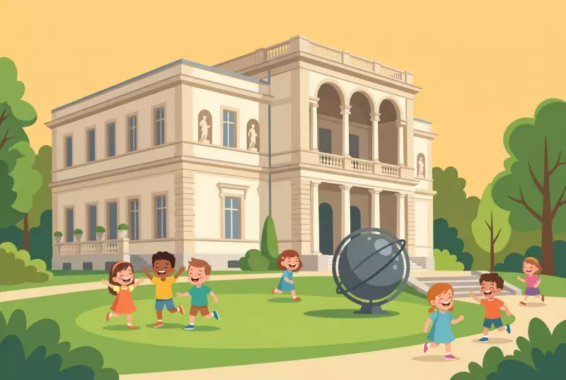 Illustration de la villa Bartholoni du Musee d'Histoire des Sciences de Geneve, avec son loggia a arches et son globe astronomique, entouree du parc ou des enfants jouent