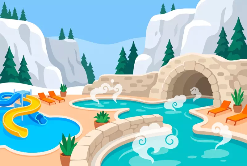 Illustration des bassins thermaux exterieurs de Loeche-les-Bains face aux montagnes enneigees