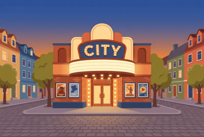 Illustration de la facade du cinema Le City a Geneve, enseigne lumineuse CITY et affiches sur une place pavee au crepuscule