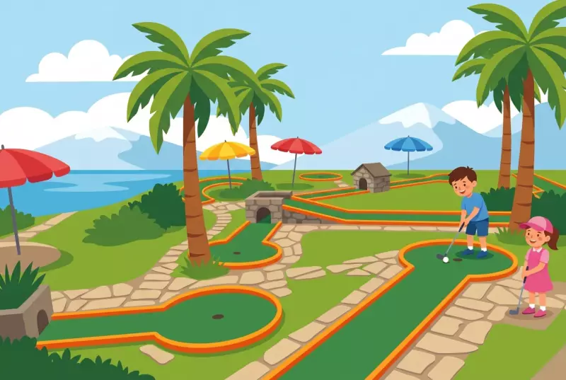 Illustration du Mini-Golf de Montreux : parcours de minigolf en plein air aux pistes vertes bordées d'orange, palmiers et parasols colorés, avec le lac Léman et les Alpes en arrière-plan, deux enfants jouant au minigolf.