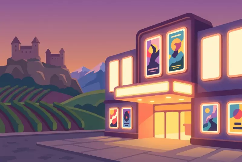 Illustration du cinema Cinesion a Sion, facade eclairee et affiches, chateaux de Valere et Tourbillon et vignes au crepuscule