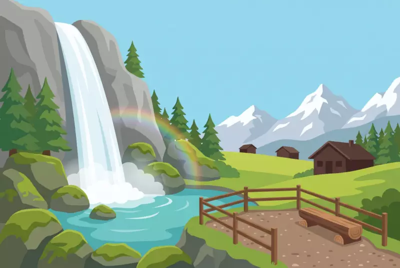 Illustration de la Cascade du Dar aux Diablerets tombant d'une falaise dans un bassin d'eau claire