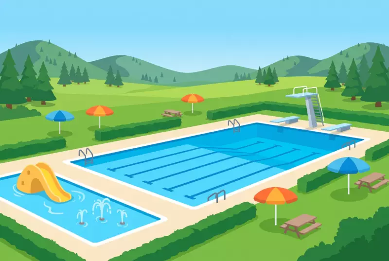 Illustration de la piscine des Combes à Boveresse, avec son jardin aquatique, ses plongeoirs et sa grande pelouse