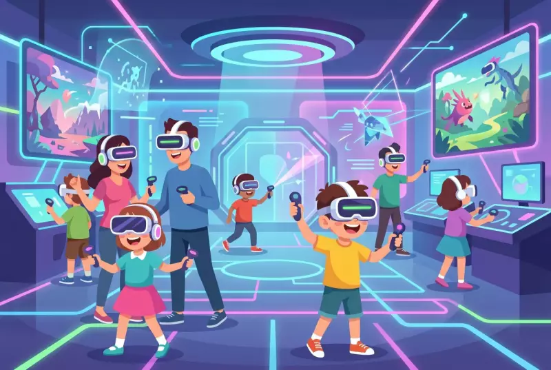 Illustration plate de la salle de realite virtuelle Second World a Signy, enfants et parents avec casques VR
