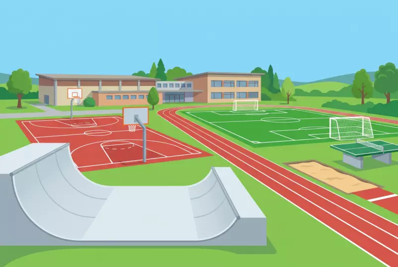 Illustration du centre sportif de Savigny : skatepark en béton, terrain multisports rouge avec paniers de basket, terrain de football synthétique, piste d'athlétisme et table de ping-pong