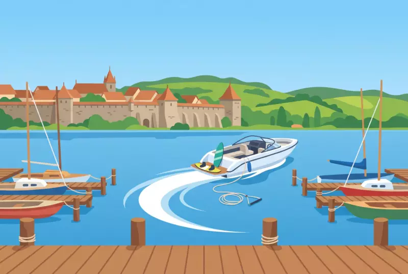 Illustration d'un bateau de wakeboard traçant son sillage sur le lac de Morat devant le port