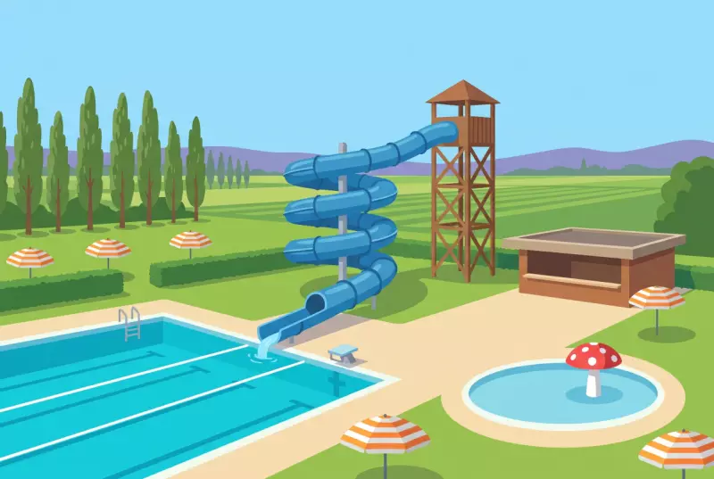 Illustration de la piscine en plein air de Kerzers avec son long toboggan, sa pataugeoire et ses pelouses