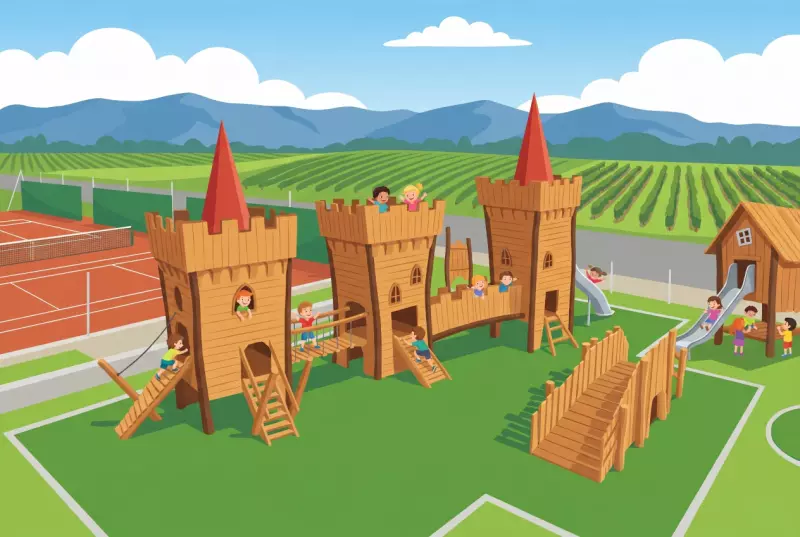 Illustration of the playground at the Founex Sports Center: large wooden castle with three towers, bridges and slides, tennis courts and vineyards in the background, children playing