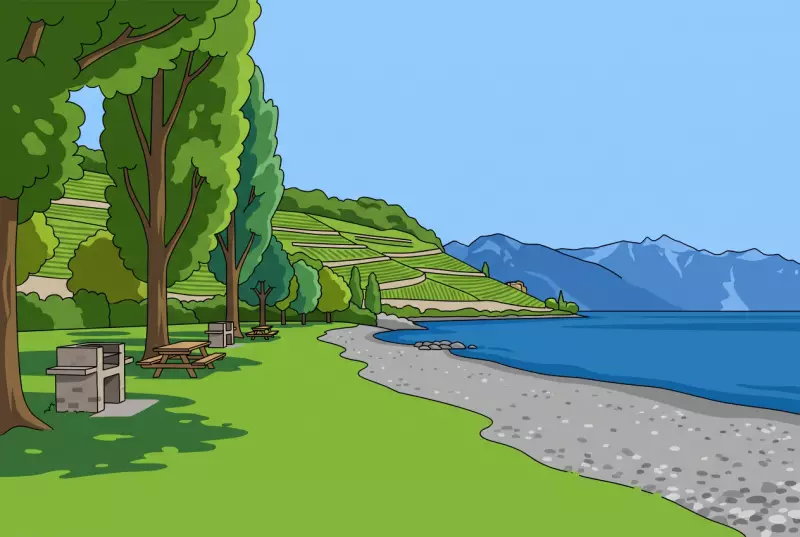 Illustration de la plage de galets de la Pichette a Corseaux, sa pelouse ombragee et les vignes en terrasses