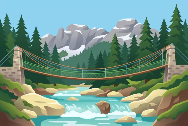 Illustration de la passerelle suspendue du Léderrey et de sa triple courbe au-dessus de la Grande Eau, aux Diablerets