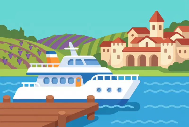 Illustration de la croisière au départ de Morat : bateau blanc devant la vieille ville et ses remparts, au bord du lac de Morat