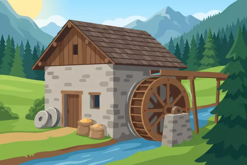 Illustration du moulin à eau et de sa roue en bois à Salvan