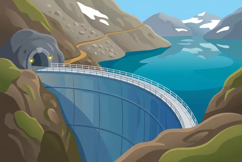 Illustration du barrage-voûte de Mauvoisin, de son lac turquoise et de l'entrée de la galerie rocheuse
