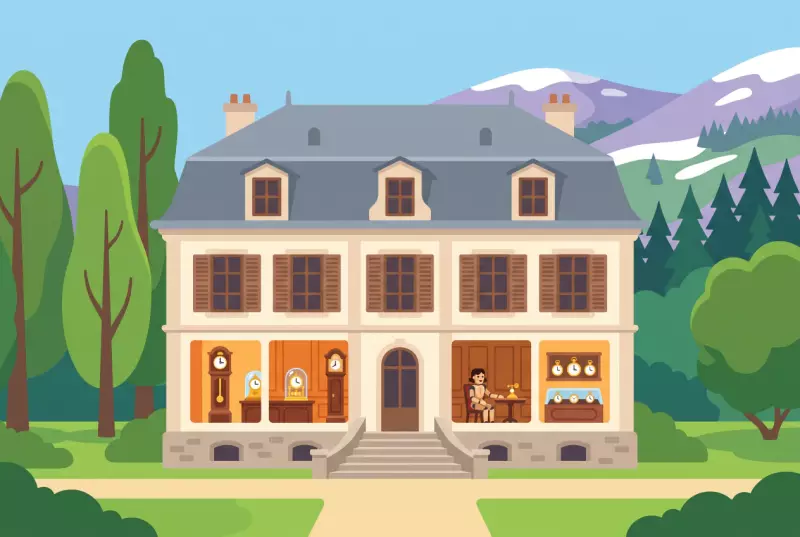 Illustration du Château des Monts au Locle et de ses salons d'horlogerie avec pendules, automates et montres anciennes