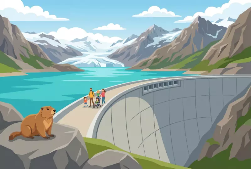 Illustration plate de lac et barrage de Moiry au-dessus de Grimentz, famille sur le couronnement face au glacier