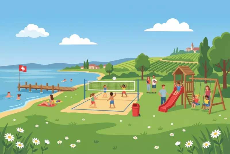 Illustration of the beach of Chez-le-Bart in La Grande Béroche: lawn by Lake Neuchâtel, landing stage, beach volleyball court, playground with slide and swings, and vineyard hills in the background.