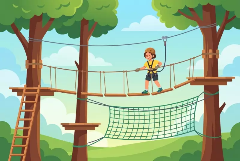 Illustration plate du Parc Aventure Chaumont : un enfant avec casque et baudrier traverse un pont de singe en planches de bois sur un parcours accrobranche en hauteur, avec filet de sécurité, échelle et cordes entre de grands arbres, sous un ciel bleu.