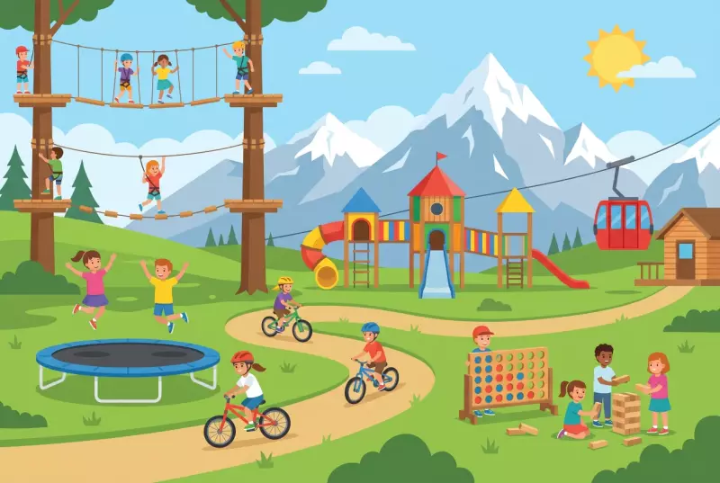 Illustration plate du parc de loisirs Bendolla Bouge au-dessus de Grimentz, accrobranche, trampoline et jeux de plein air