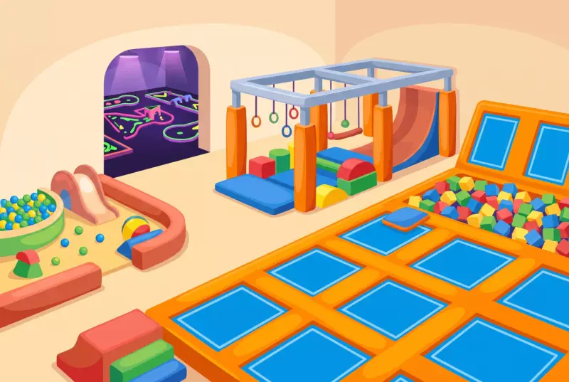 Illustration du centre de loisirs couvert de Thielle, avec ses trampolines, son parcours ninja et son minigolf fluo