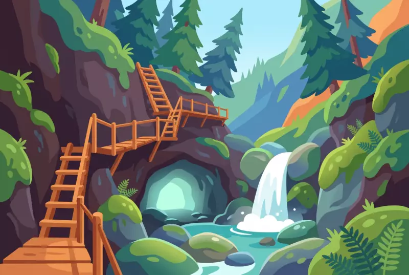 Illustration des gorges de Tête-Noire à Trient, ses échelles en bois, ses passerelles et l'entrée de la grotte aux Nymphes