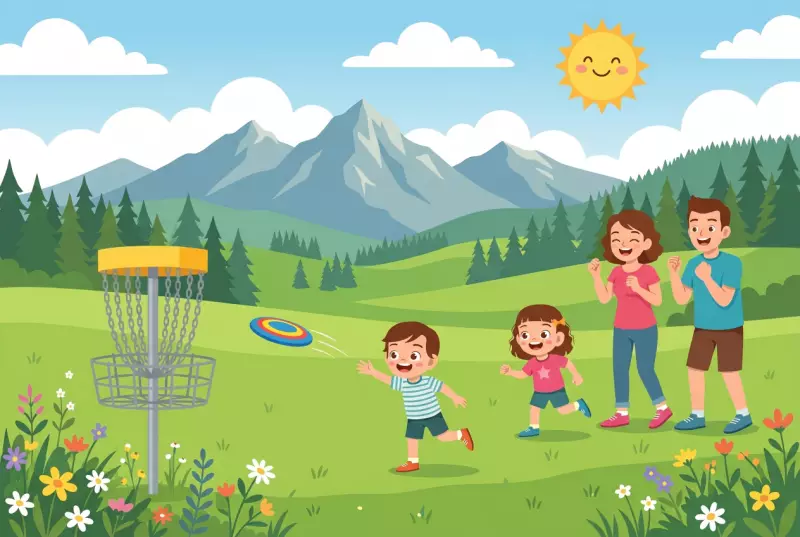 Illustration plate du disc-golf de Saint-Cergue, un enfant lancant un frisbee vers un panier a chaines en ete
