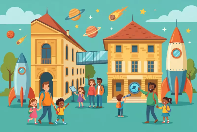 Illustration of the Maison d'Ailleurs in Yverdon-les-Bains, the museum of science fiction, with its stone building, rockets, planets, and families exploring.