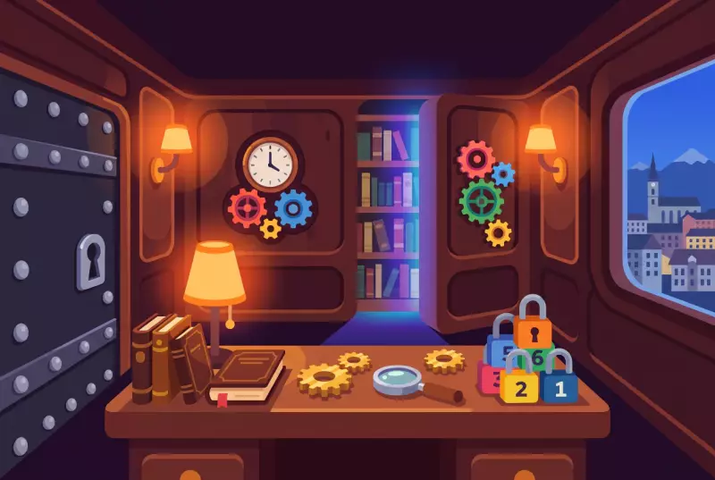 Illustration d'une salle d'énigmes aux boiseries sombres, cadenas et cadrans à La Chaux-de-Fonds
