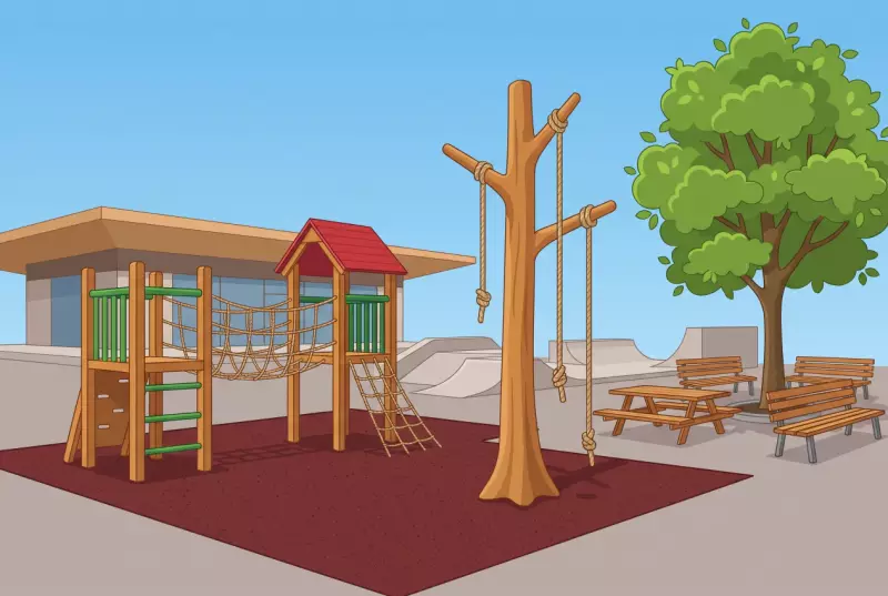 Illustration de la place de jeux du Forum à Savigny : tours combinées en bois avec filet à grimper, arbre à grimper, sol amortissant, table de pique-nique et rampes de skatepark en arrière-plan