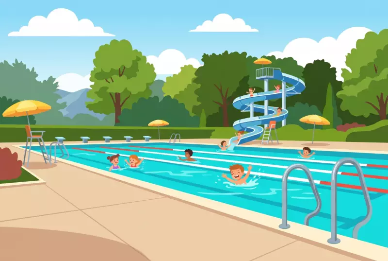 Illustration of the outdoor pool at Les Vergers in Meyrin: large Olympic swimming pool with lanes, giant blue and white spiral slide, yellow umbrellas, and children swimming in the sun.