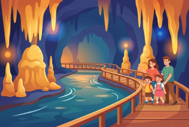 Illustration of the Vallorbe Caves: underground gallery with illuminated stalactites and stalagmites, the Orbe river, and a wooden walkway where a family discovers the cave.