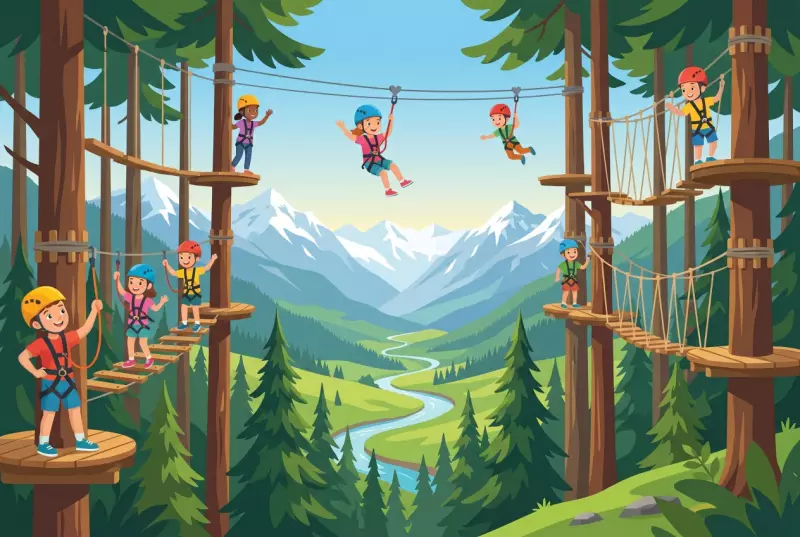 Illustration plate du parc accrobranche Foret Aventure a Sigeroulaz, au-dessus de Vercorin, enfants sur parcours et tyroliennes