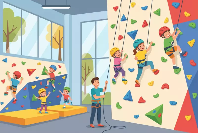 Illustration plate de salle d'escalade Rocspot a Echandens, enfants grimpant un mur colore avec baudrier