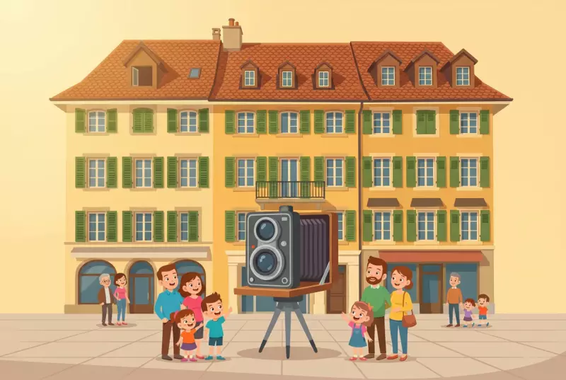 Illustration plate of the Swiss Museum of Photography, historic ochre facade with green shutters on the Grand Place of Vevey, featuring a large vintage camera and curious families.