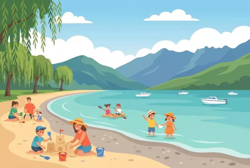 Illustration de la plage de Rive Bleue au Bouveret, plage au bord du Léman avec les Dents du Midi