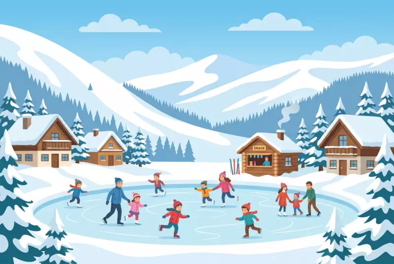 Illustration plate de la patinoire en plein air de Saint-Cergue en hiver, enfants patinant au pied des pistes enneigees du Jura