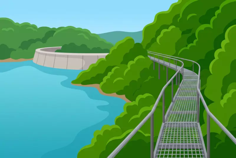 Illustration de la passerelle du barrage de Rossens : longue passerelle métallique suspendue au-dessus du lac de la Gruyère