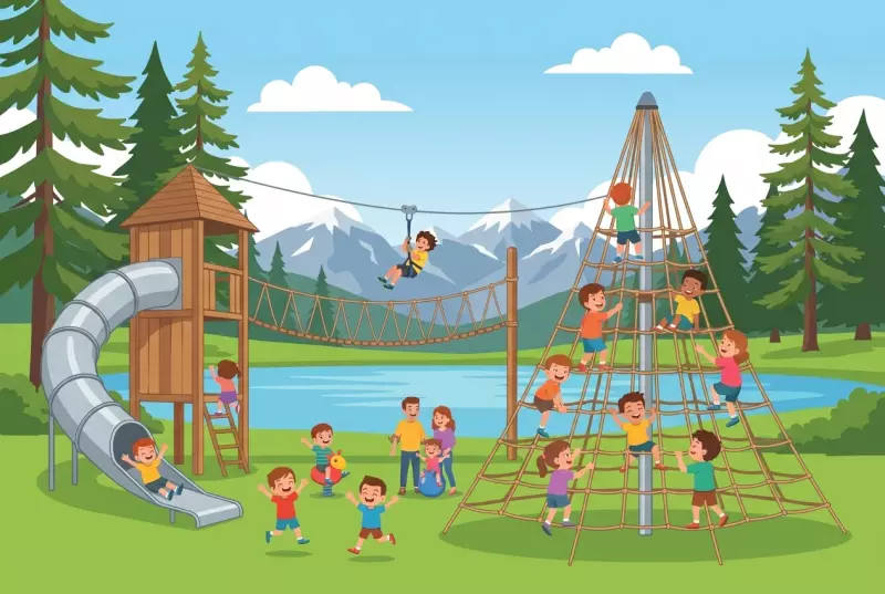 Illustration de la place de jeux de l'Etang-Long à Crans-Montana, au bord d'un étang de montagne