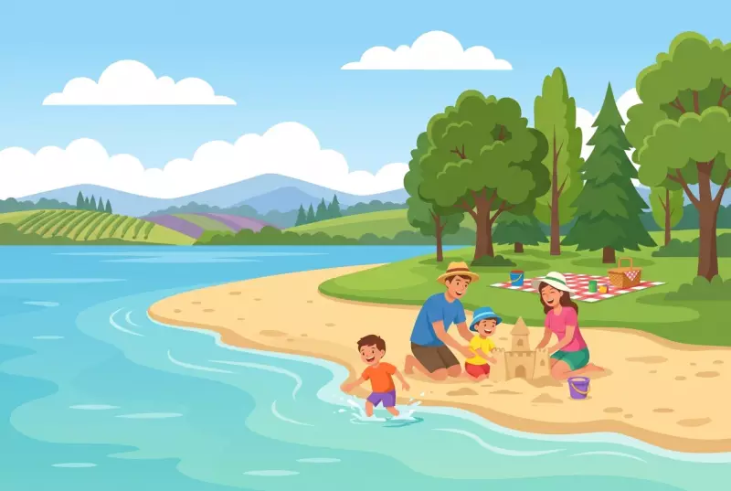 Illustration de la plage de Salavaux au bord du lac de Morat, plage de sable et collines du Vully