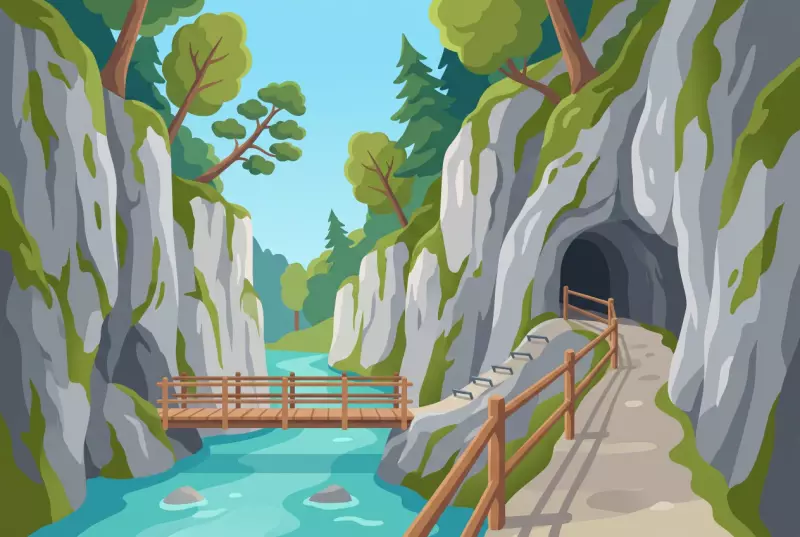 Illustration des passerelles en bois et du tunnel rocheux des gorges de Court entre Moutier et Court