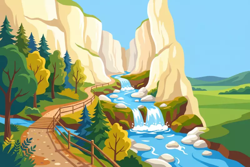 Illustration des gorges de Covatannaz, ses falaises calcaires, ses cascades et le sentier qui descend vers Vuiteboeuf