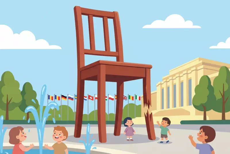 Illustration de la Broken Chair, la chaise géante en bois à la patte cassée sur la Place des Nations à Genève, devant le Palais des Nations et ses drapeaux, avec des enfants jouant près des jets d'eau